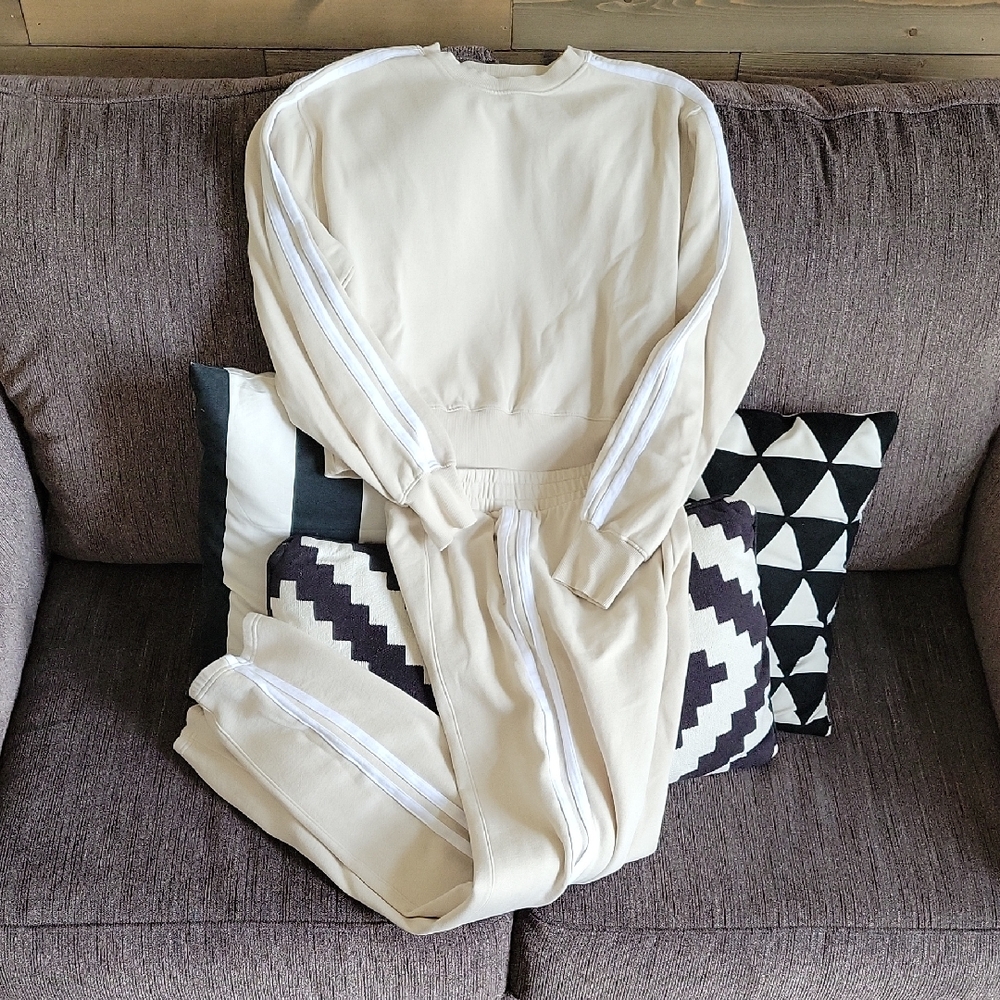 Cream Tracksuit with White Stripes